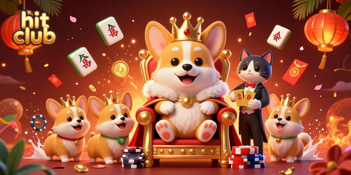 Experience hit club's thrilling 3D gaming scene with royal corgi characters and vibrant casino elements.