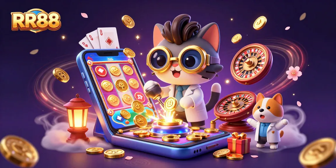 Join RR88 for exciting gameplay as a mad scientist cat and dog create winning odds in an electrifying casino atmosphere.