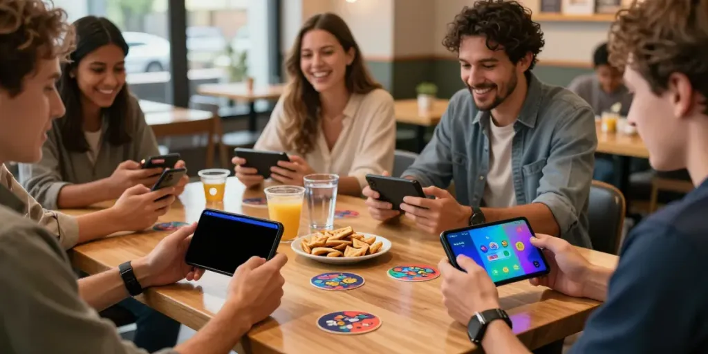Engaged adults play Yono Games on mobile devices in a cozy café.