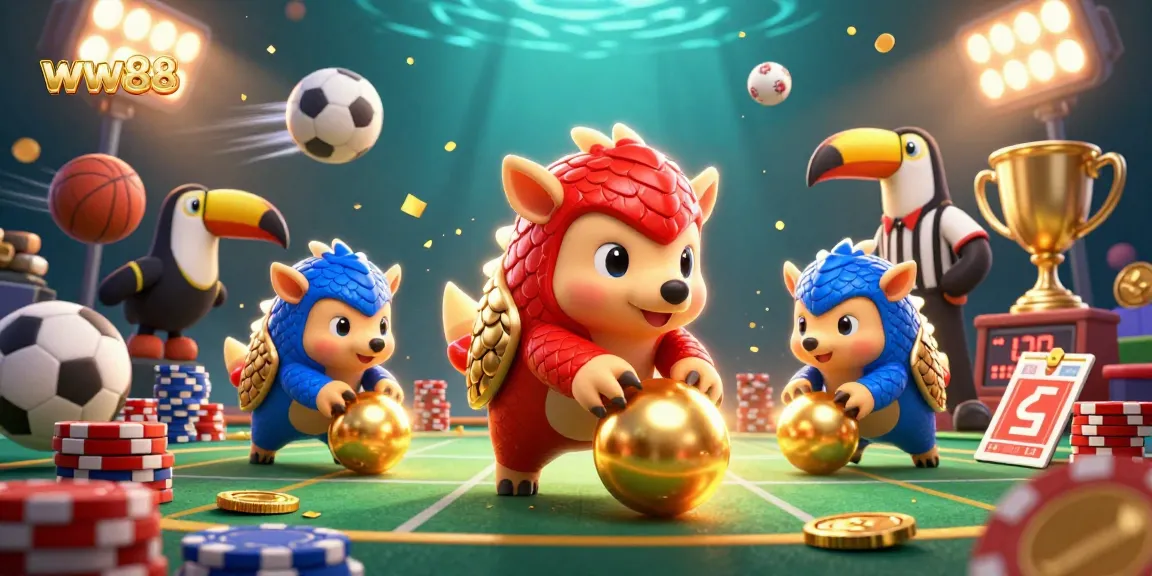 Experience thrilling wins at ww88 with lively pangolins bowling through poker chips in a vibrant casino scene.