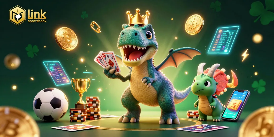 Engage with the link situs sportsbook featuring a T-Rex dealing cards and a baby triceratops stacking chips in a vibrant casino scene.