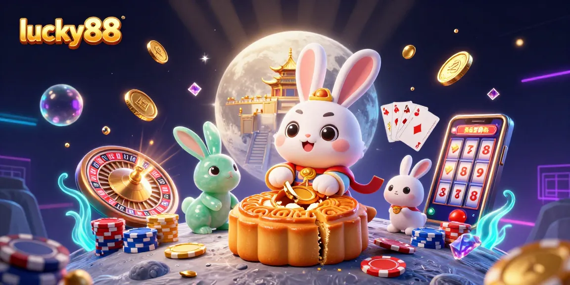 Experience jackpots with lucky88 as the moon rabbit reveals poker chips among cascading gold coins.