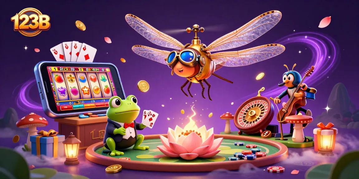 Spin vibrant slot reels in 123B casino illustration with dynamic characters and magical elements.