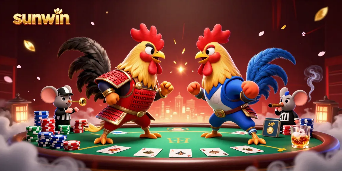 Engage in thrilling sunwin poker action with dramatic fighting roosters in a dynamic gambling showdown.