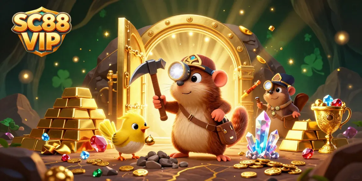 Engage in thrilling SC88 VIP casino adventures with treasure hunting mole and canary amidst glowing gems.