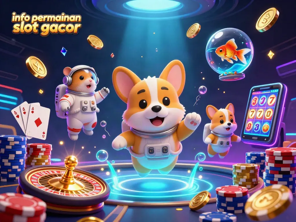 Mainkan info permainan slot gacor dengan 3D kartun astronaut corgi di kasino luar angkasa yang dikelilingi koin emas.