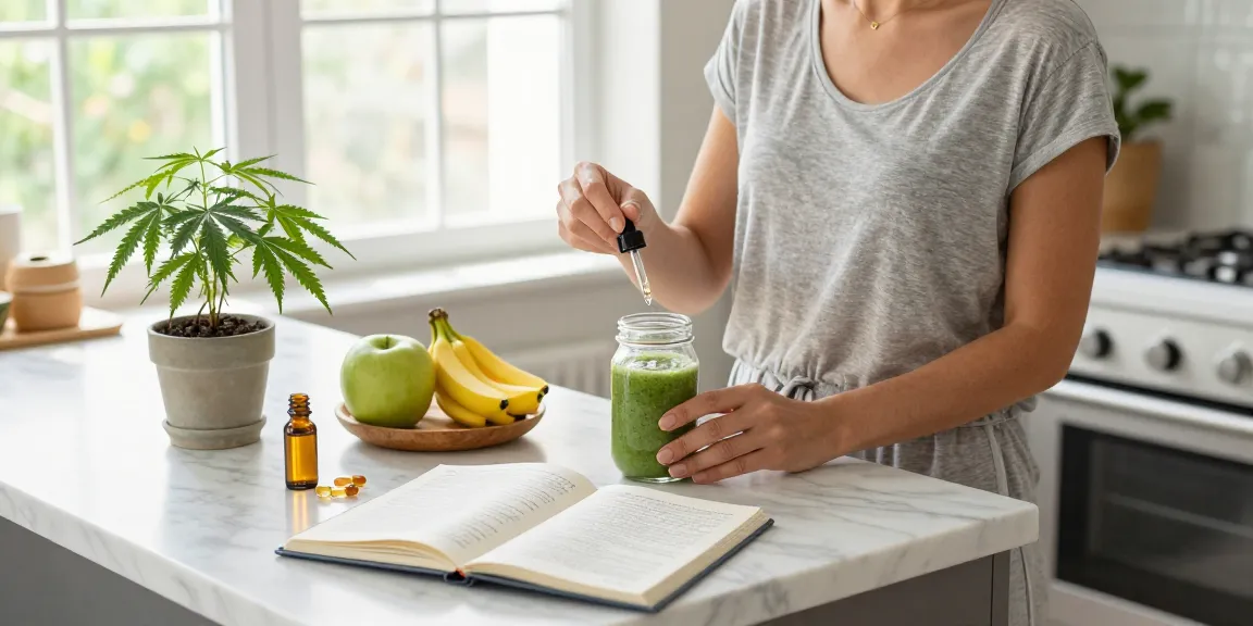 The legal age to vape in Cyprus with a scene of natural wellness, featuring CBD oil, hemp plant, and a healthy smoothie preparation in a bright kitchen.