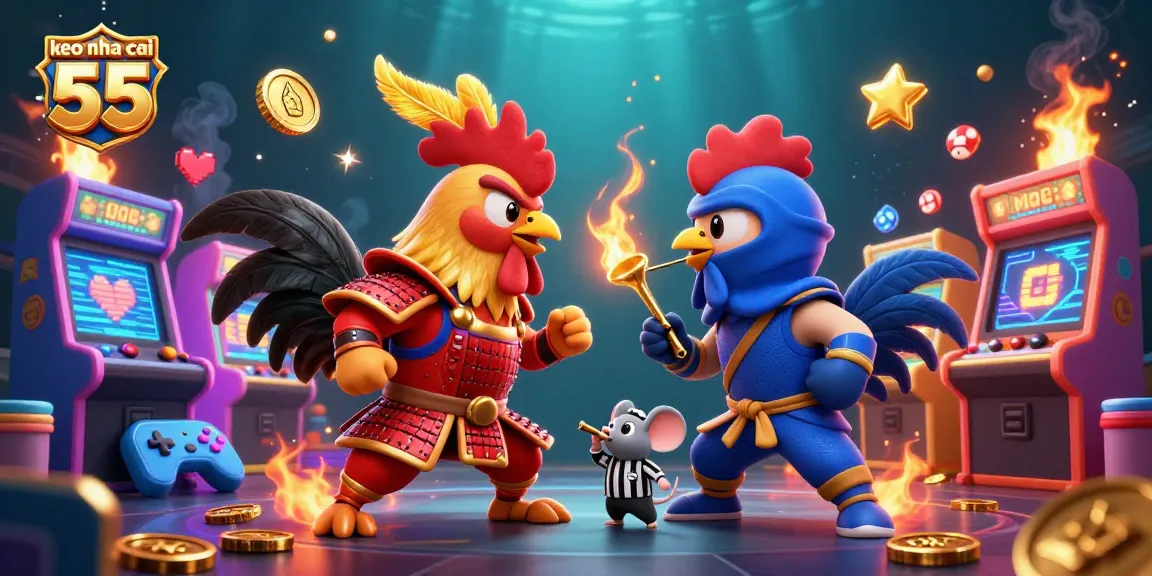Experience excitement with keo nha cai 55's thrilling roosters battle amidst vibrant gaming elements.