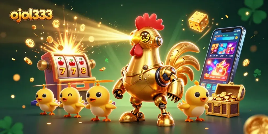 Engage in thrilling slots at ojol333 with a golden rooster robot and dynamic casino game elements.