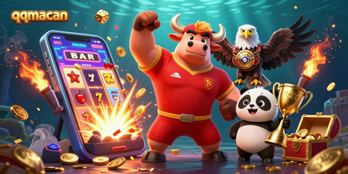 Celebrate winnings with qqmacan's colorful casino explosion featuring dynamic characters and exciting game elements.