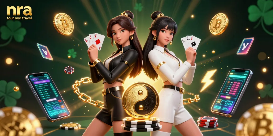 Engage with nra tour and travel's vibrant casino scene featuring stunning Asian women amidst glowing crypto elements.