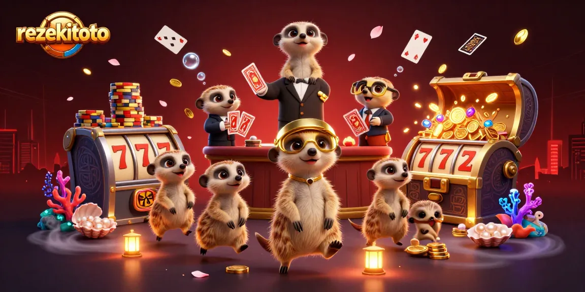Experience rezekitoto's thrilling casino action with meerkats managing games amidst a vibrant scene.
