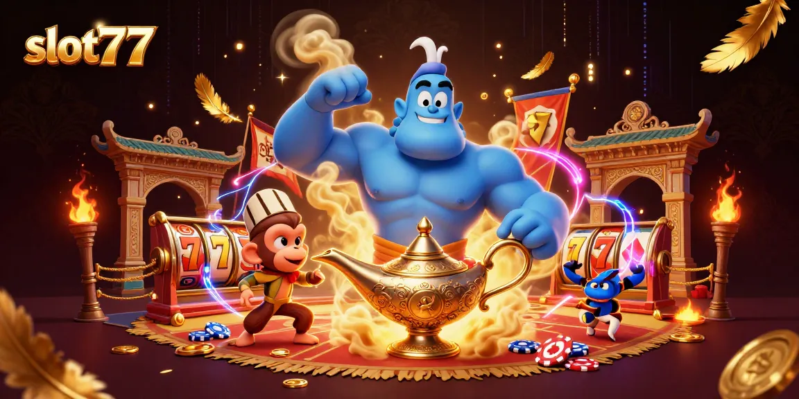 Spin the reels in this vibrant slot777 scene with a genie and poker chips!