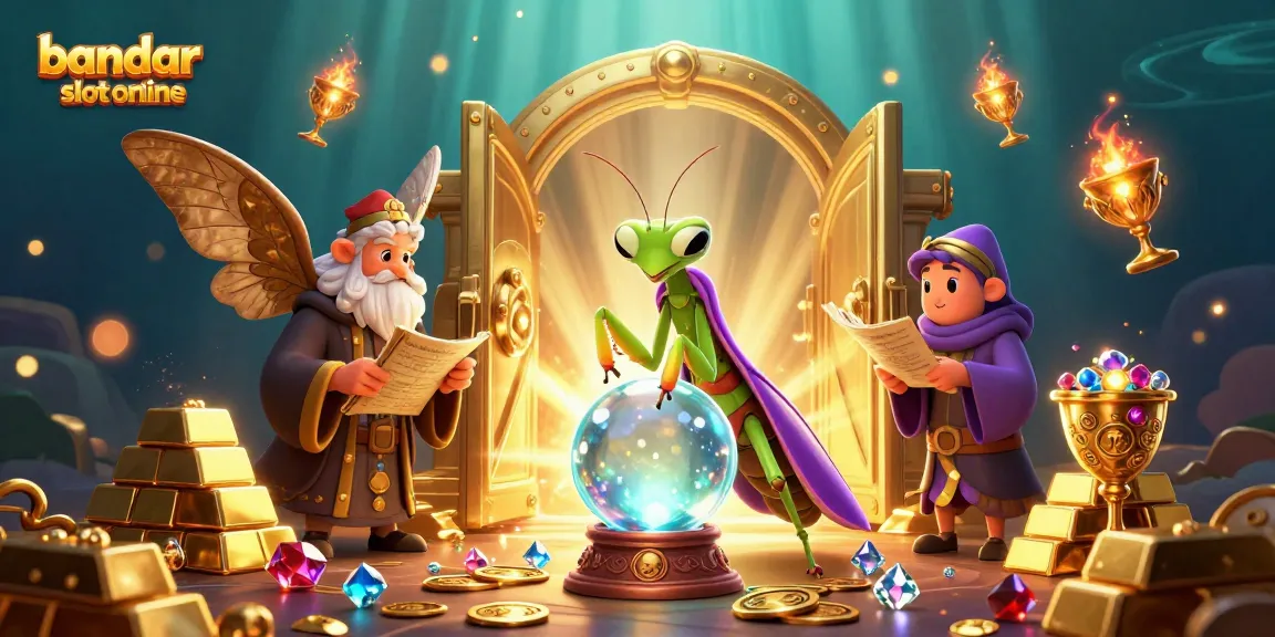 Menang di bandar slot online dengan ilustrasi 3D yang menampilkan mantis peramal dan kupu-kupu bijak.