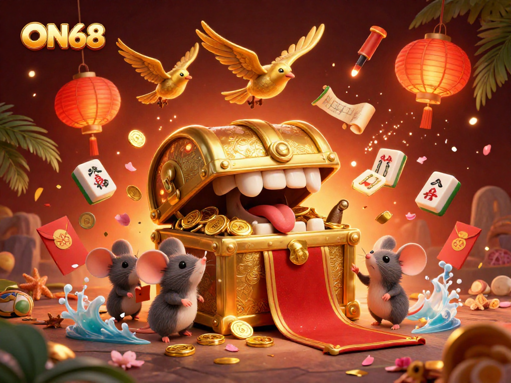 Capture exciting rewards on ON68 as the treasure chest entices adventurer mice with riches amid vibrant casino elements.