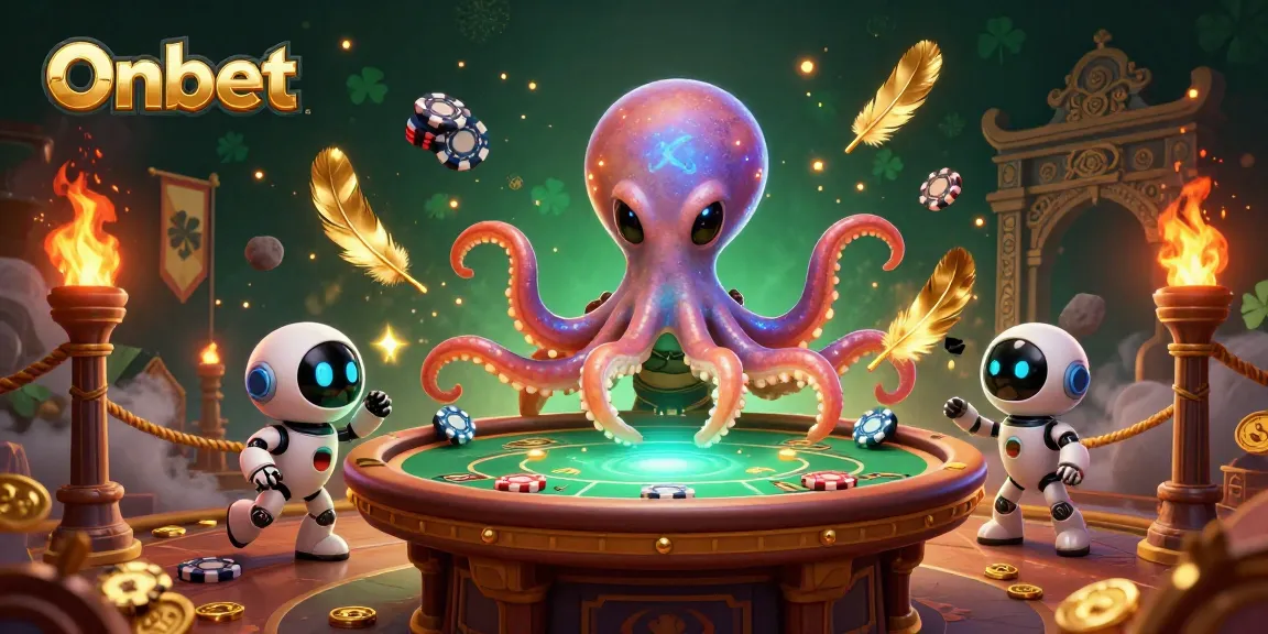 Experience Onbet's thrilling alien casino with a vibrant octopus and robot companion. Join the action!