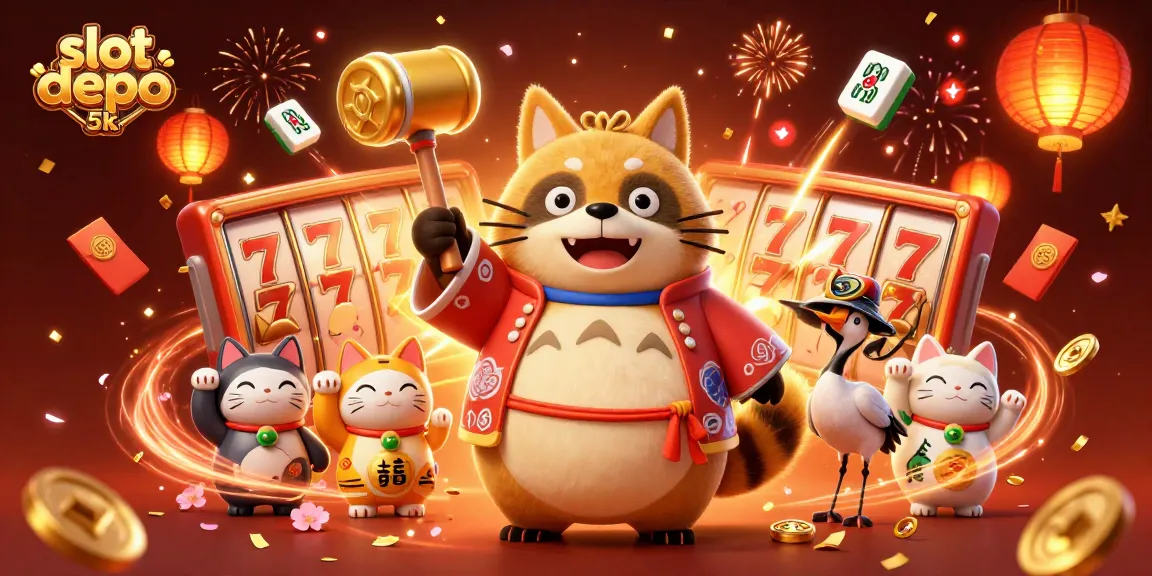 Spin the reels and win big in this vibrant slot depo 5k scene filled with fortune elements.