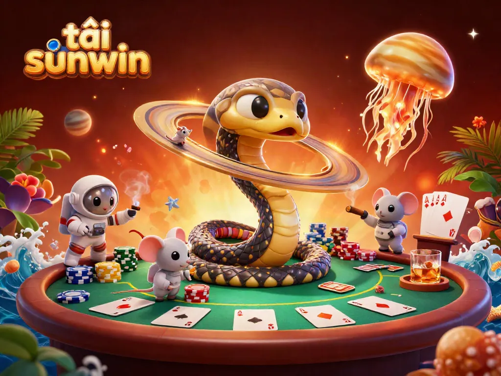 Experience exciting gameplay action with tải sunwin, featuring vibrant casino elements like poker tables and a cosmic setting.