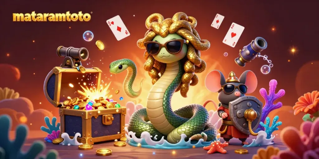 Engage in winning with mataramtoto's vibrant underwater gambling scene featuring Medusa and treasure.