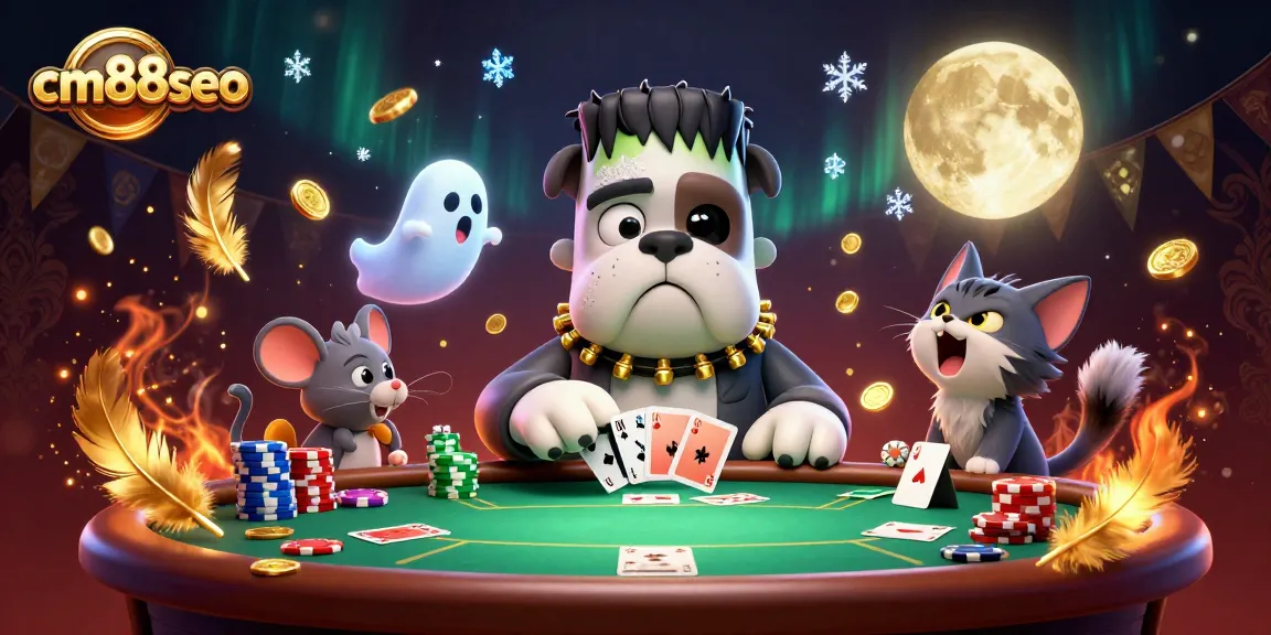 Engage with cm88seo at a thrilling poker table with a Frankenstein bulldog, ghost mouse, and werewolf kitten.