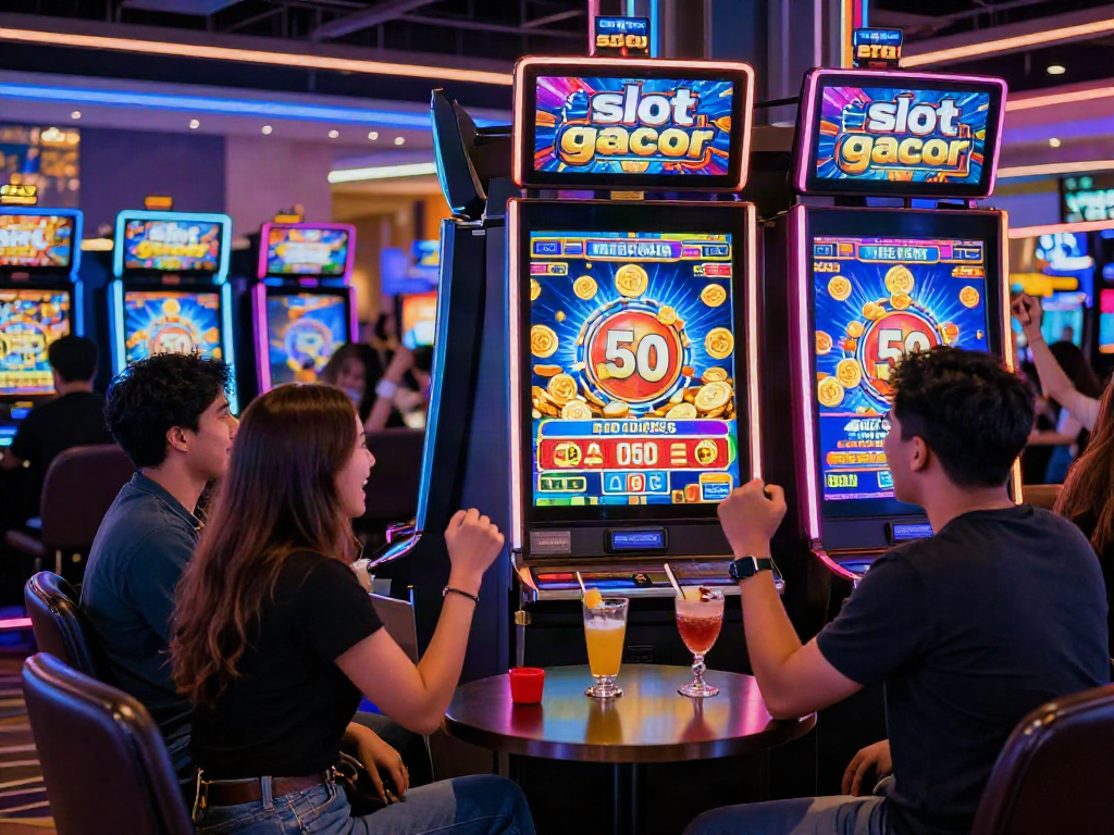 Exciting moment at a "slot gacor 4d" game with players celebrating big wins in a modern casino.