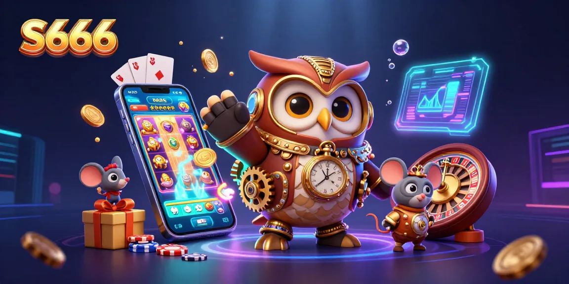 S666 captivates with a vibrant 3D scene of an owl and mouse amidst casino elements and slot games.