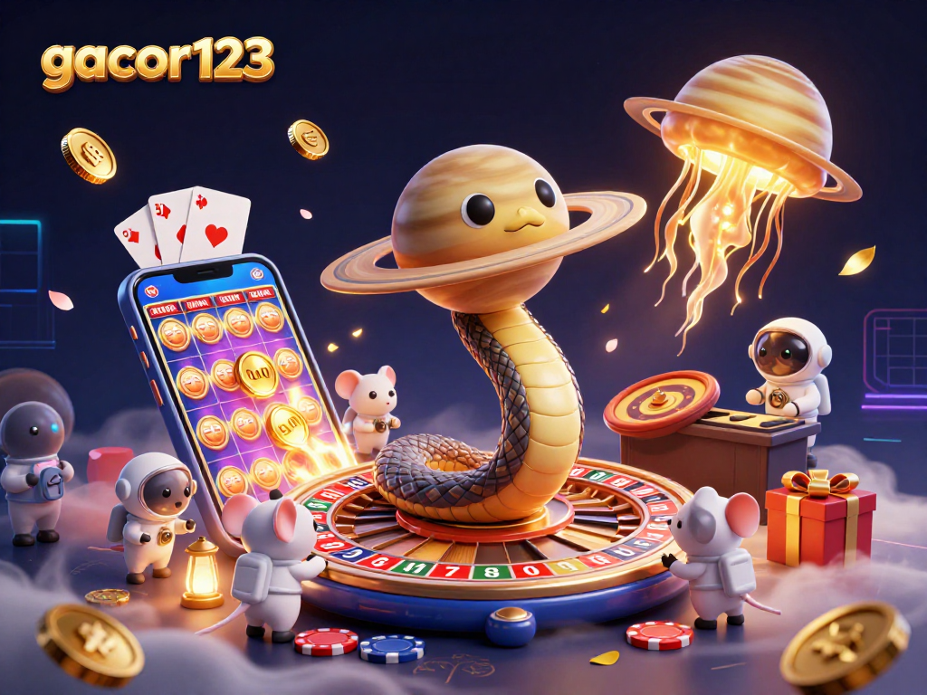 Experience the excitement of gacor123's unique slot gaming with a cosmic twist in this vibrant 3D illustration.