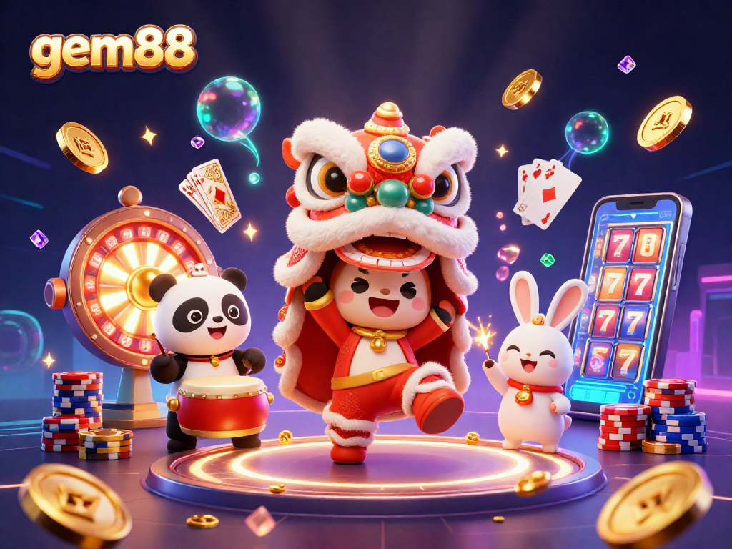 Join the fun at gem88 with vibrant characters and dynamic casino games in a festive scene.