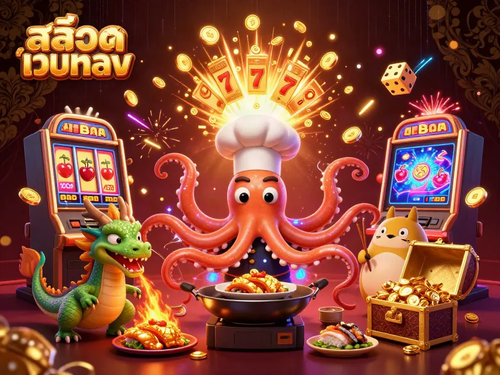 Experience excitement with สล็อตเว็บตรง as a sushi chef octopus prepares golden dishes amidst a jackpot explosion.