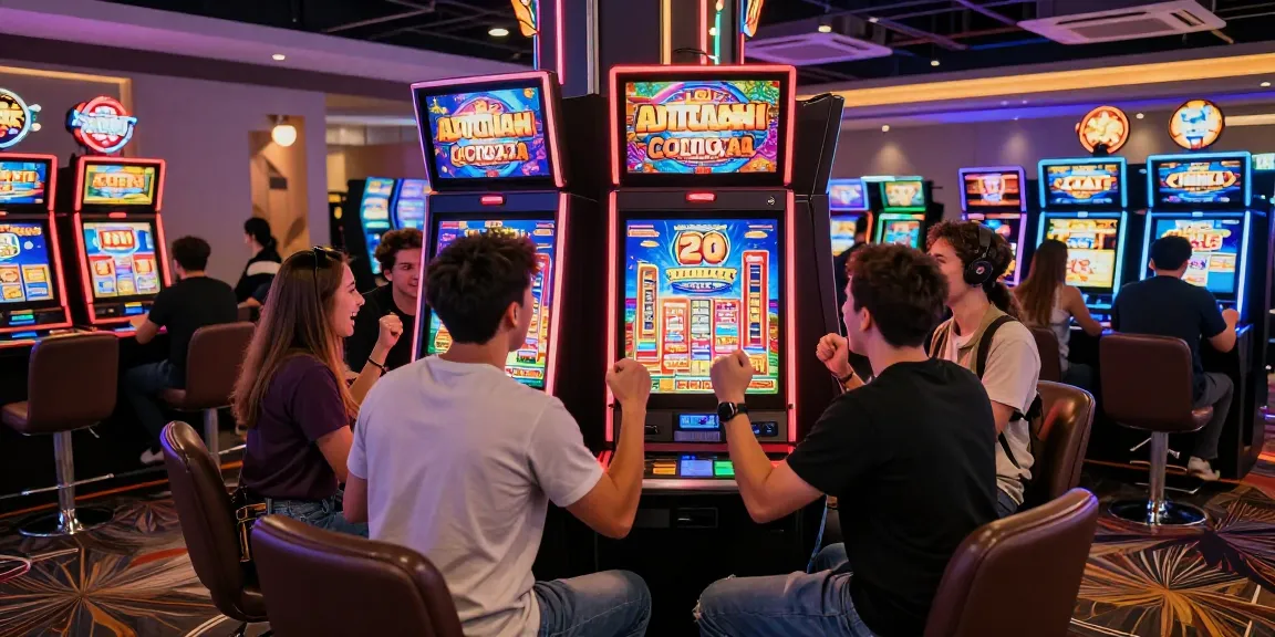 Slot gacor di kasino, pemain merayakan kemenangan dengan slot terang dan berwarna.
