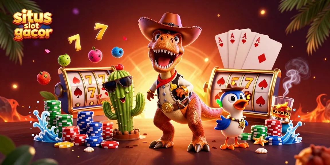 Experience situs slot gacor excitement with T-Rex and slot reels in vibrant casino scene.