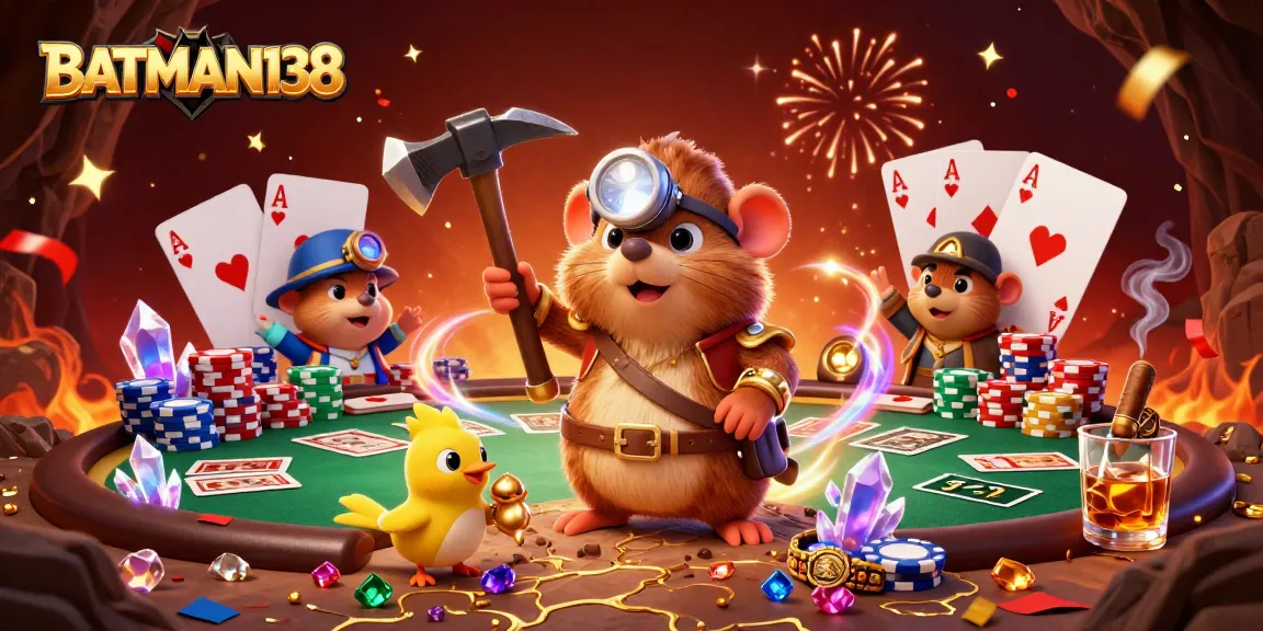 Experience BATMAN138's captivating gaming world with glimmering treasures and poker games.