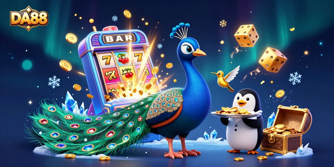 Engage with DA88’s vibrant slot game world featuring a peacock, a butler penguin, and dynamic casino elements.