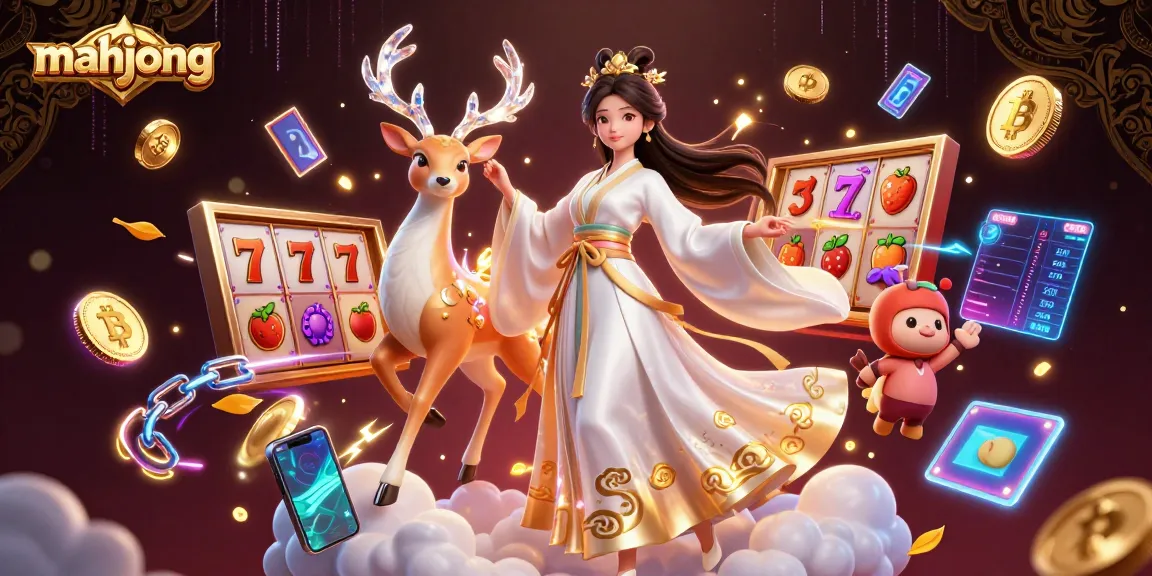 Play mahjong with vibrant slot elements and enchanting visuals in a dynamic casino scene.