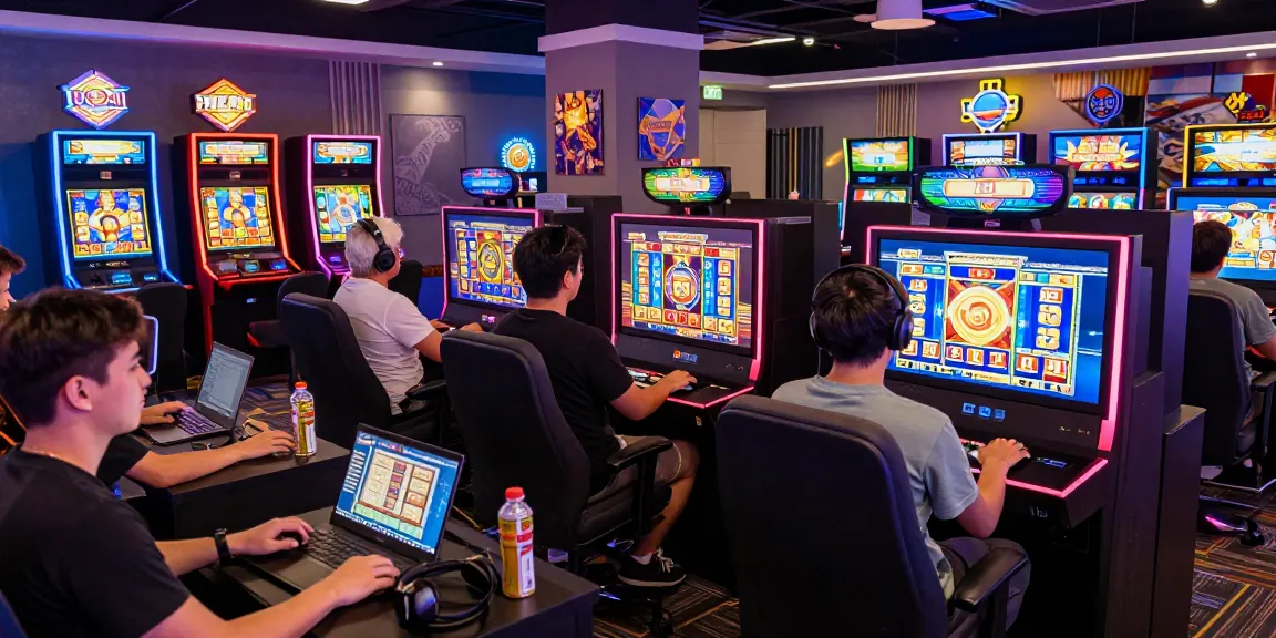 Pajaktoto gaming enthusiasts enjoying vibrant slot machines in a modern lounge.