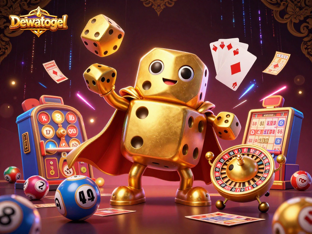 Dewatogel menghadirkan pengalaman seru dengan bola lotere dan kartu bingo dalam ilustrasi digital menarik.