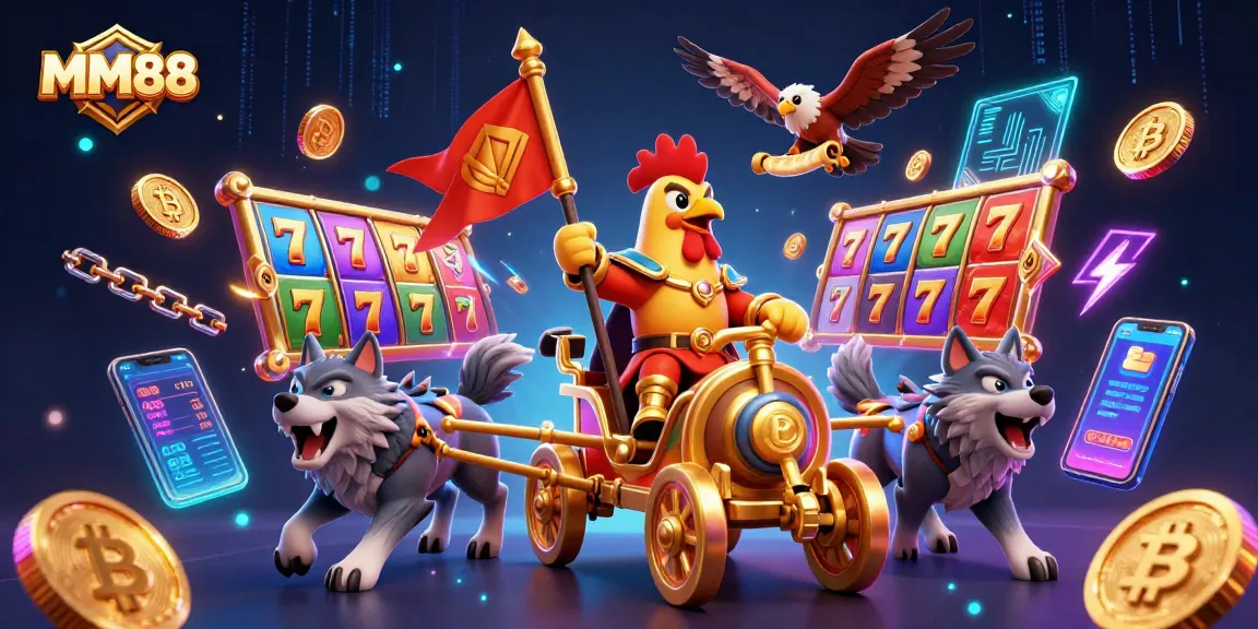 Experience thrilling MM88 action with a cartoon rooster warlord leading a golden chariot in vibrant casino scene.
