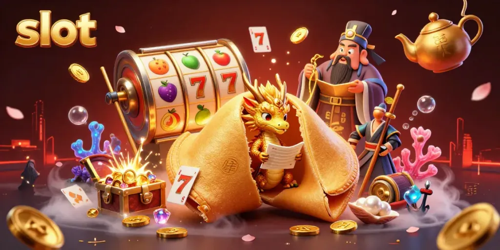 Engage in exciting slot gameplay with a vibrant golden fortune cookie and mystical characters.