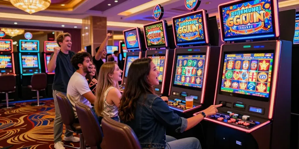 Excited friends playing slot gacor in a lively casino environment