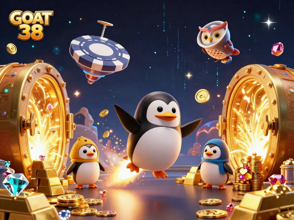 GOAT 38 showcases a golden penguin and poker chip in an exciting casino galaxy adventure.