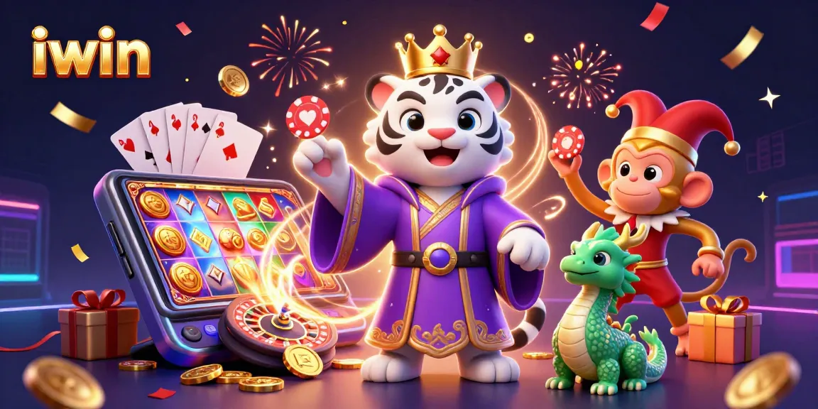 iwin casino illustration featuring a royal tiger, jester monkey, and dragon in a vibrant gaming scene