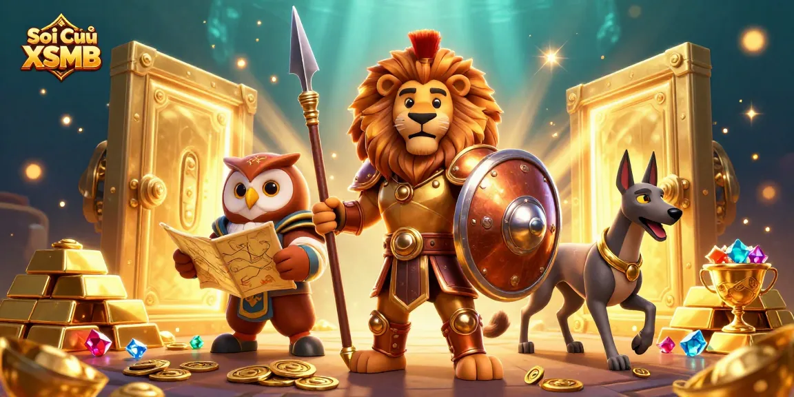 Soi Cầu XSMB 3D illustration featuring a Spartan lion and tactical owl amidst treasure and jewels