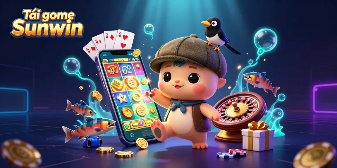 Tải game Sunwin with cute Nessie and friends in a colorful casino illustration.
