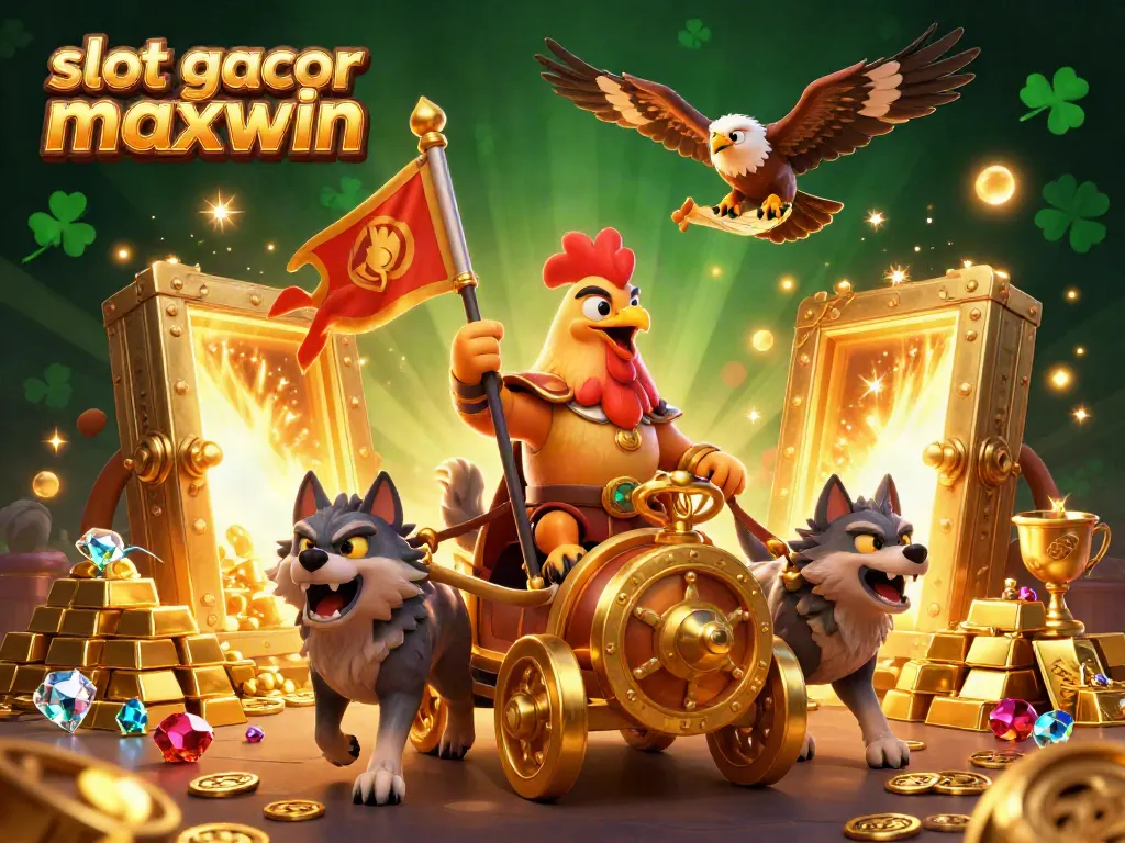 Slot gacor maxwin menunjukkan ilustrasi kasino dengan karakter unik dan harta karun berkilauan.