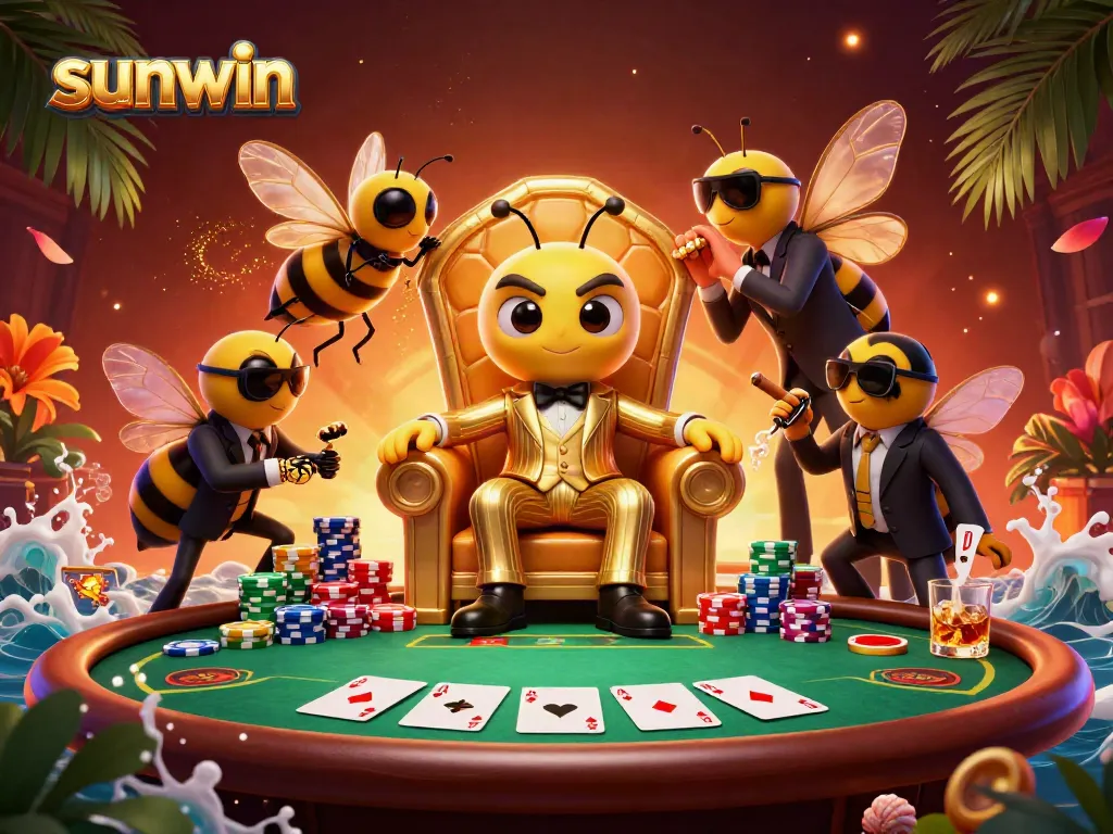 Engage in thrilling poker action at sunwin's vibrant casino with a bumblebee mob boss and dazzling elements.