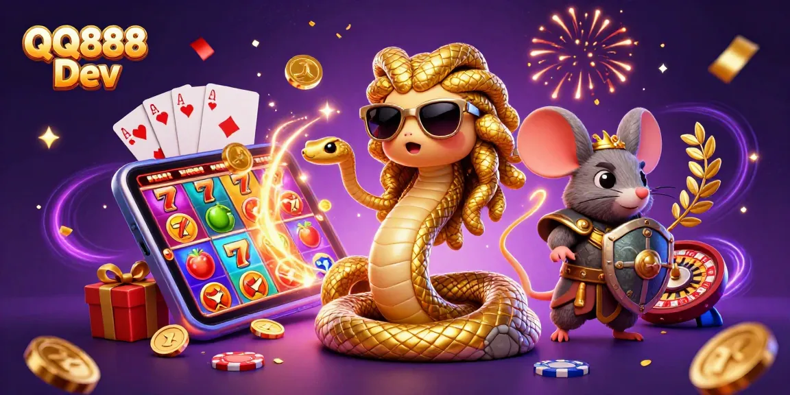 Win big at QQ888 Dev with an exciting 3D illustration of casino fun, showcasing vibrant gaming elements.