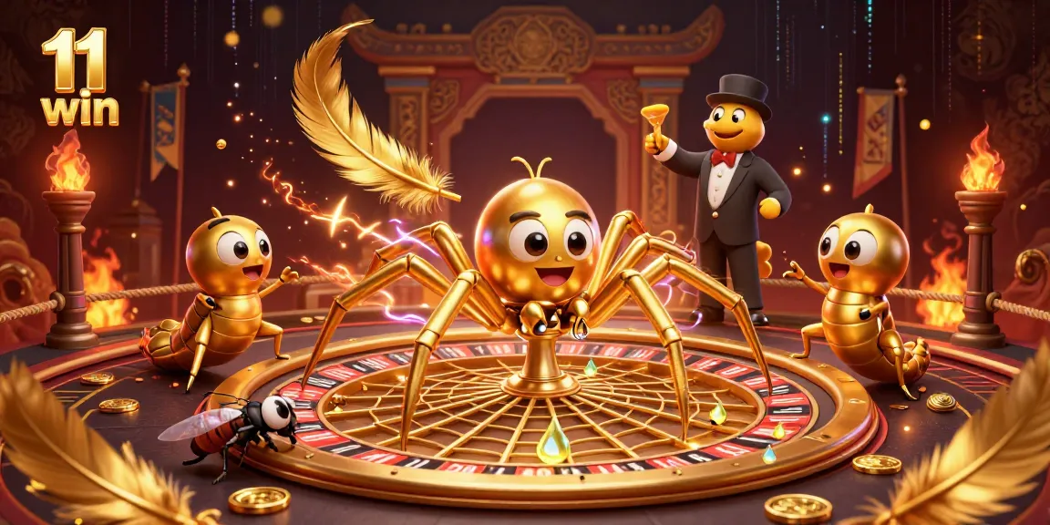 Join the 11 win adventure with a golden spider and centipede croupier in a dynamic casino scene.