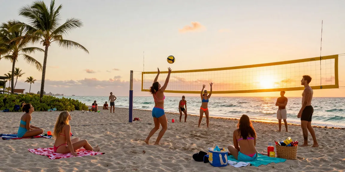 Kelompok di pantai Miami menikmati matahari terbenam di https://miami4d.com/ dengan bermain voli, suasana ceria dan menawan.