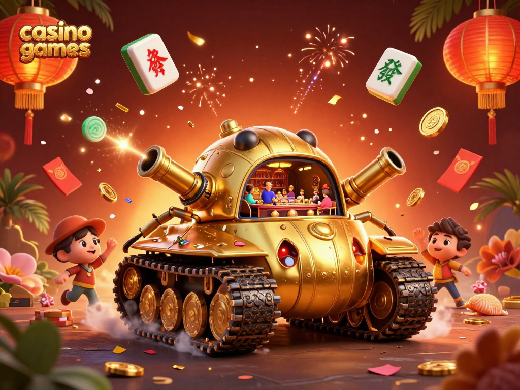 Experience exciting casino games with a 3D golden beetle tank revealing a vibrant miniature casino scene.