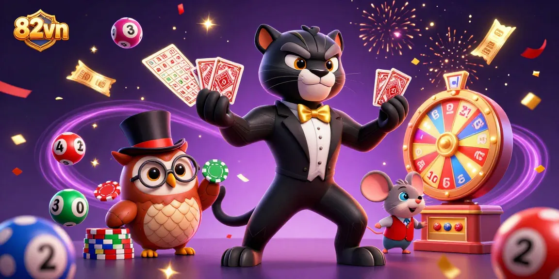 Experience the thrill of 82vn with a stylish panther dealer and adorable friends amidst exciting gaming elements.